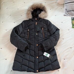 Marc New York Marley  Black Quilted Faux Fur Hooded Puffer Coat Jacket Large NWT